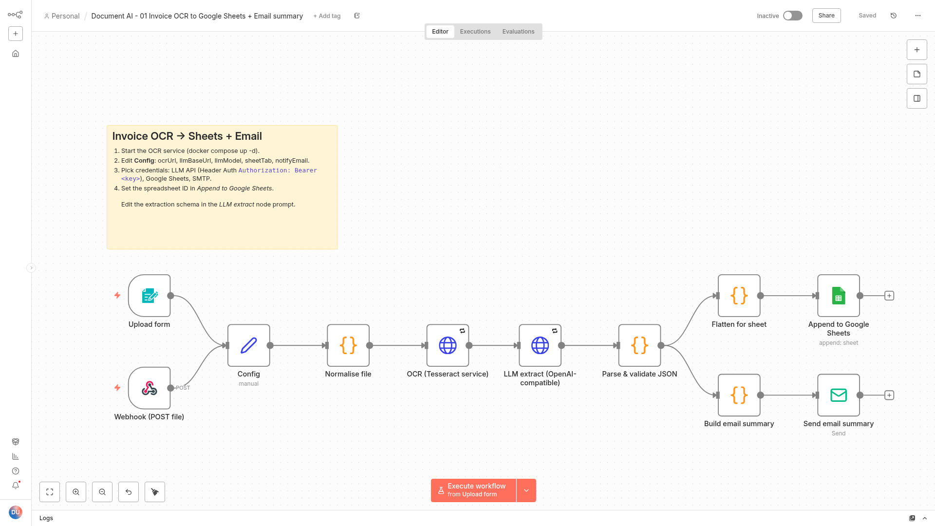 n8n workflow: upload form and webhook into self-hosted OCR, LLM extraction, validation, then Google Sheets and an email summary